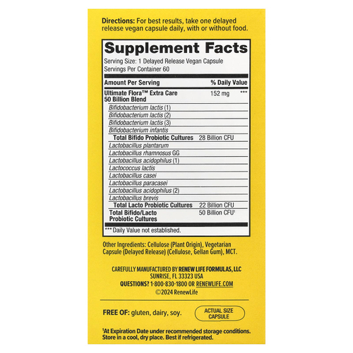 Renew Life, пробиотик Extra Care Ultimate Flora™, 50 млрд КОЕ, 60 веганских капсул с отсроченным высвобождением