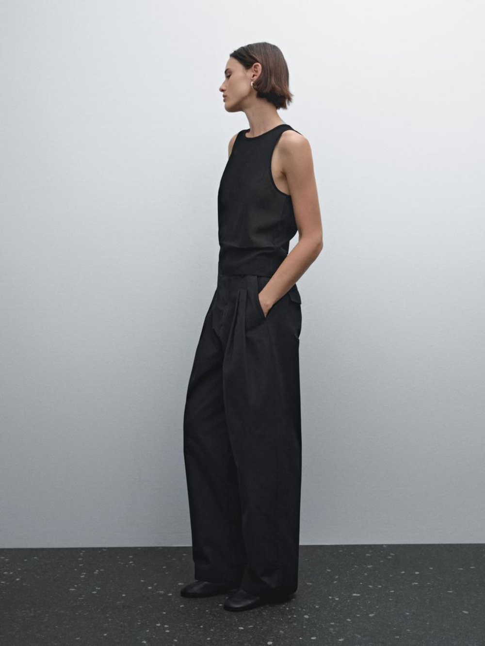 Massimo Dutti Широкие брюки из смесового хлопка со складками, черный