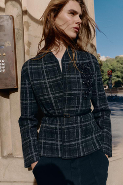 ZARA ТРИКОТАЖНЫЙ КАРДИГАН В КЛЕТКУ С ПОЯСОМ, СЕРЫЙ