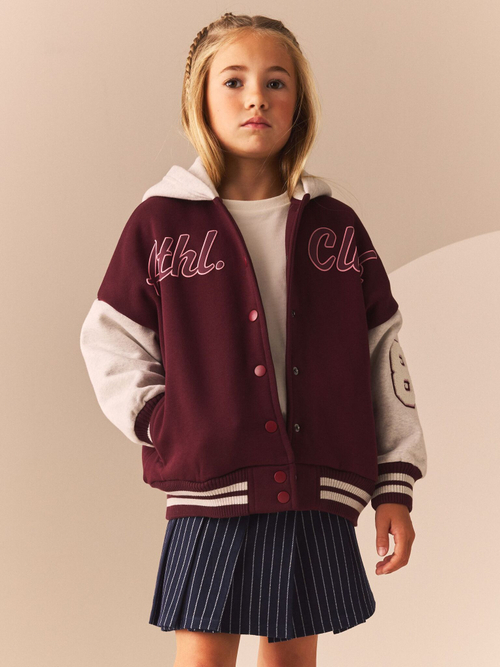 Бомбер с капюшоном для девочки Next B39-544, Бордовый, Белый