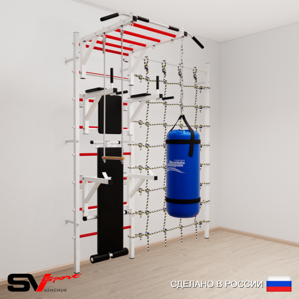 Шведская стенка Sv Sport 56310 (Турник рукоход/Брусья/Стойка/Скамья/Трапеция/Цепь/Мешок 15кг/Канатный лаз)