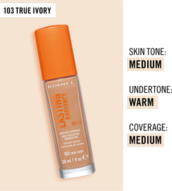 Rimmel Lasting Radiance - Тональная основа с SPF 25, осветляющая оттенок 103 True Ivory, 30 ml