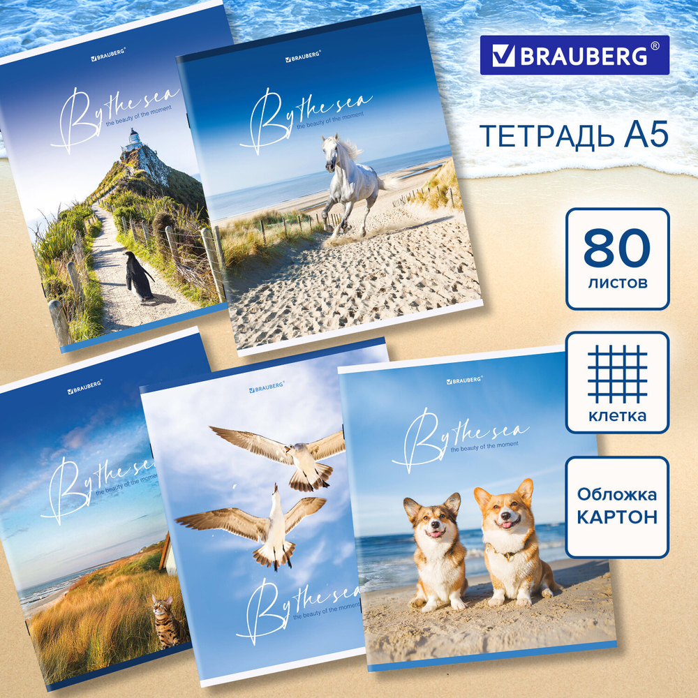 Тетрадь А5 80 л. BRAUBERG скоба клетка обложка картон "By the Sea" (14 штук в упаковке)