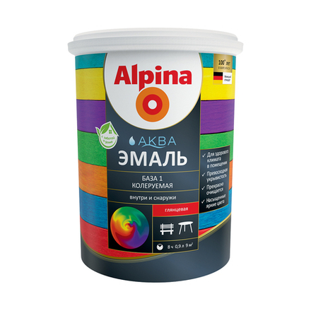 Эмаль по металлу Alpina Аква, акриловая, глянцевая, база 1, белая, 0,9 л