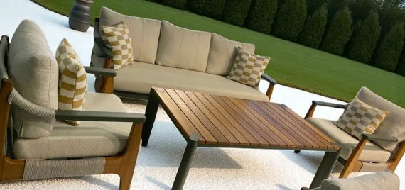 Комплект уличной мебели Elif из алюминия и дерева ироко, 2 кресла, диван и столик