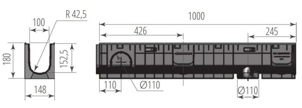 Лоток водоотводный пластиковый NORMA PLASTIK DN100 H180