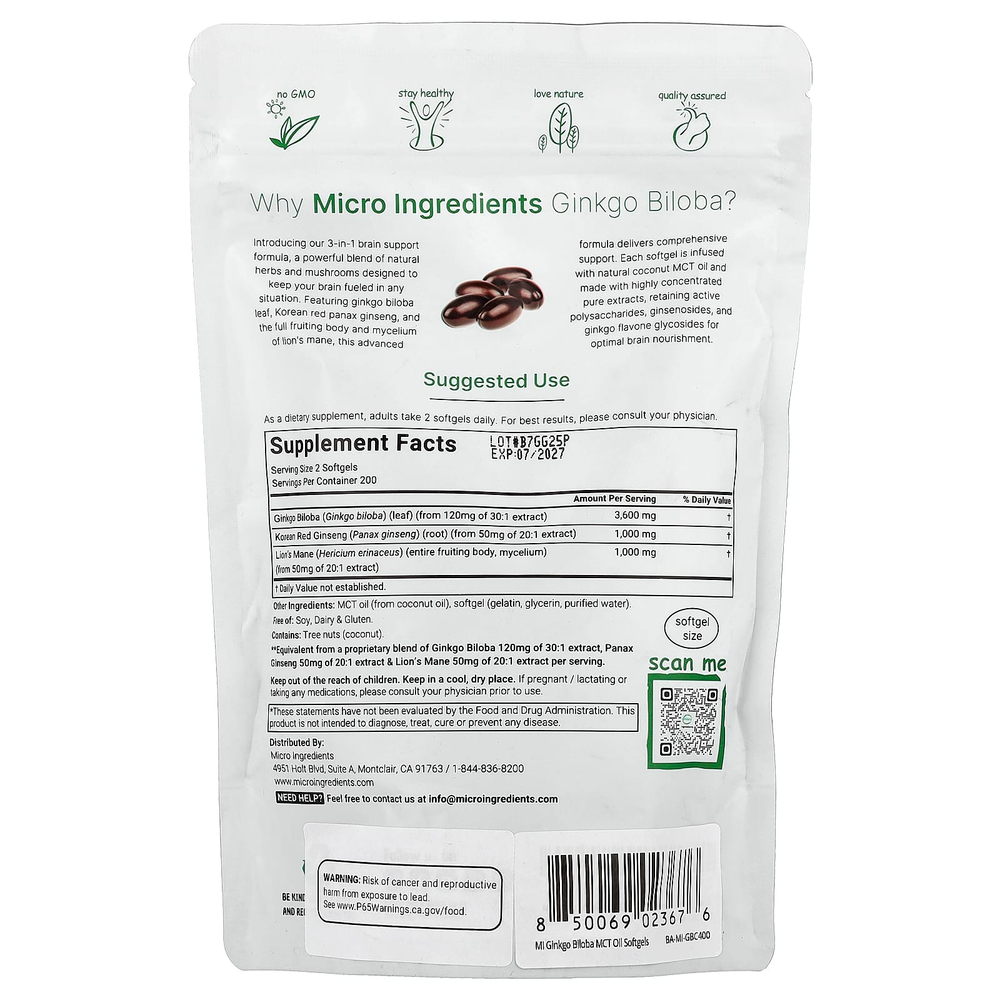 Micro Ingredients, гинкго билоба, женьшень обыкновенный, ежовик гребенчатый, 400 мягких таблеток