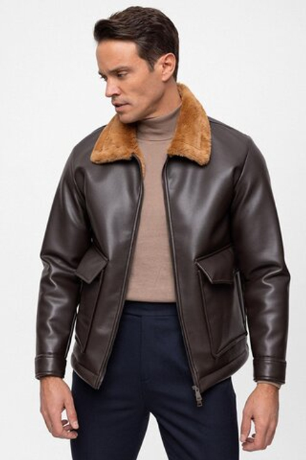 Куртка пилот зимняя чёрная с коричневым мехом