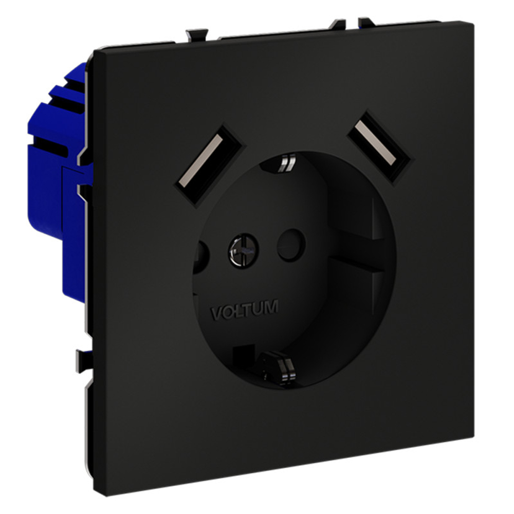 Розетка встраиваемая VOLTUM S70 с заземлением и защитными шторками, 16А, с USB, A+A, (черный матовый)