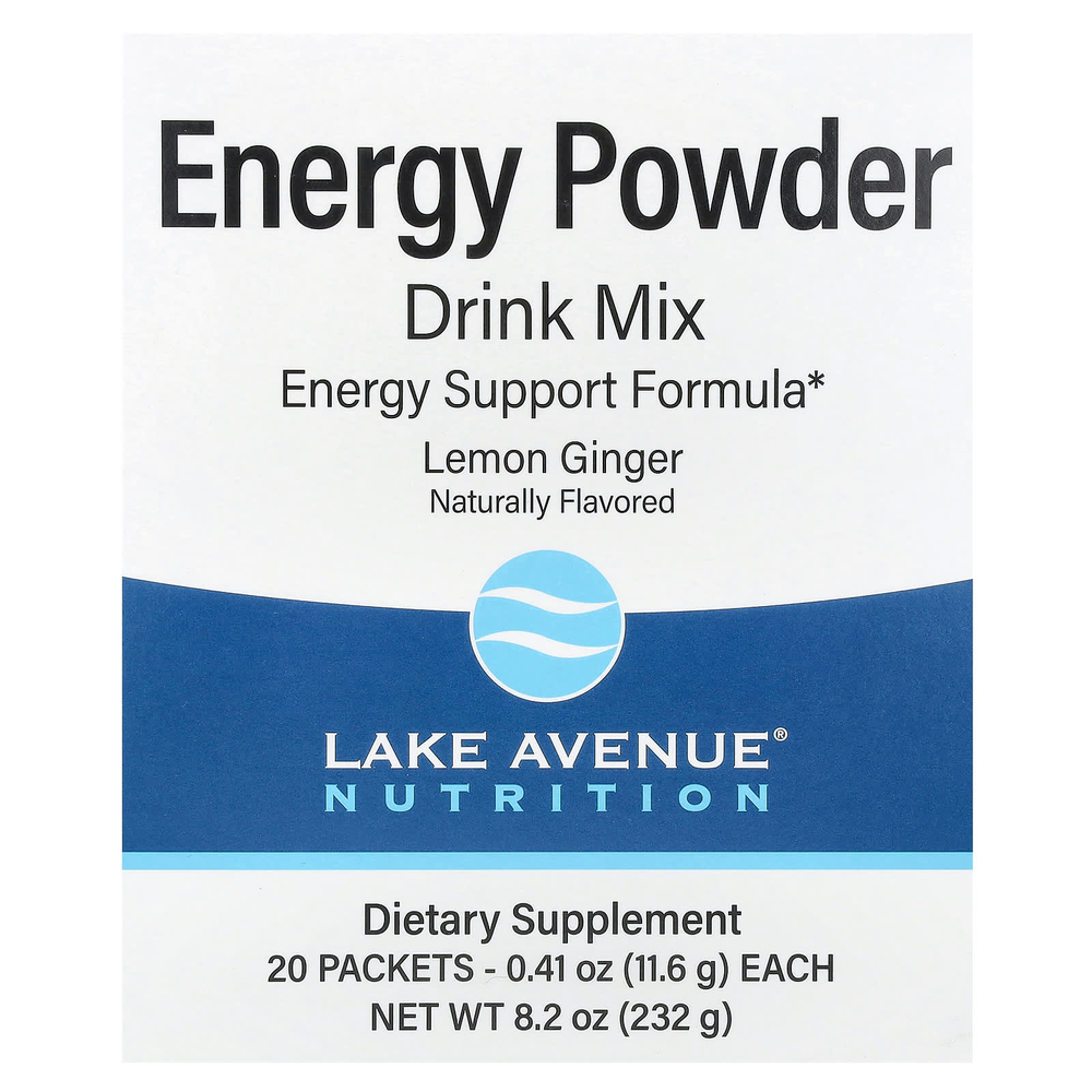 Lake Avenue Nutrition, энергетическая порошковая смесь для приготовления напитка с калием, натрием, кофеином и витамином C, лимон и имбирь, 20 пакетиков по 11,6 г (0,41 унции)