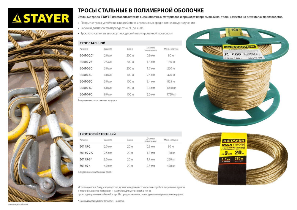 STAYER 8 мм, L 100 м, стальной трос в полимерной оболочке (30410-80)
