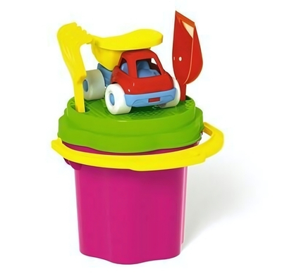 Песочный набор №106 (ведро 0,3 л. сито, совок, грабли, машинка «Бублик») (Стеллар)