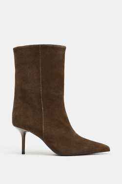 ZARA КОЖАНЫЕ БОТИЛЬОНЫ НА КАБЛУКЕ, КОРИЧНЕВЫЙ