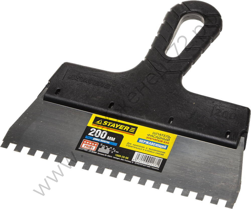 STAYER ProFLat 200 мм, зуб 6х6 мм, пластиковая ручка, зубчатый, нержавеющий, Фасадный шпатель, PROFESSIONAL (1009-20-06)