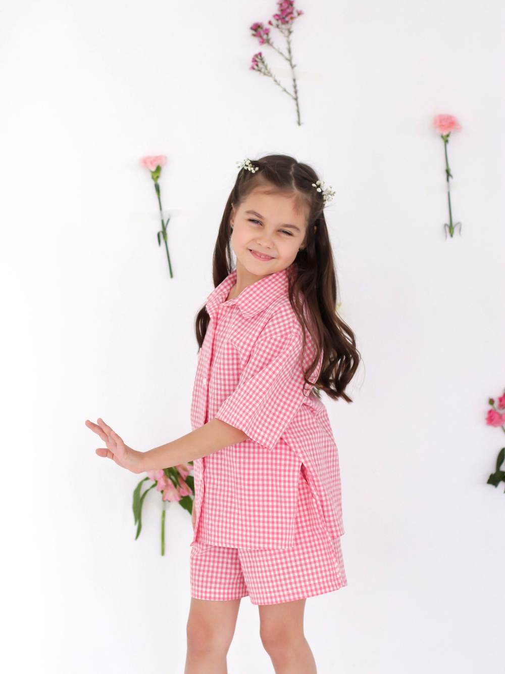 Костюм из варёного хлопка, рубашка и шорты "Розовая клеточка"