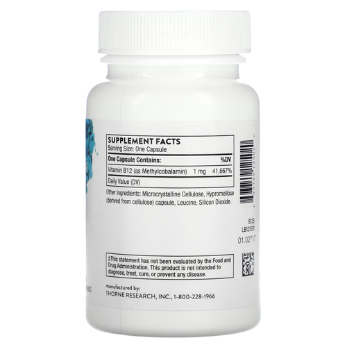 Thorne, витамин B12 в виде метилкобаламина, 60 капсул (1 мг в 1 капсуле)
