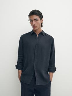 Massimo Dutti 100% льняная приталенная рубашка,  темно-синий