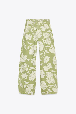 ZARA ДЖИНСЫ Z1975 STRAIGHT-LEG FULL LENGTH С ВЫСОКОЙ ПОСАДКОЙ ИЗ ТКАНИ С ПРИНТОМ, ЭКРЮ/ХАКИ