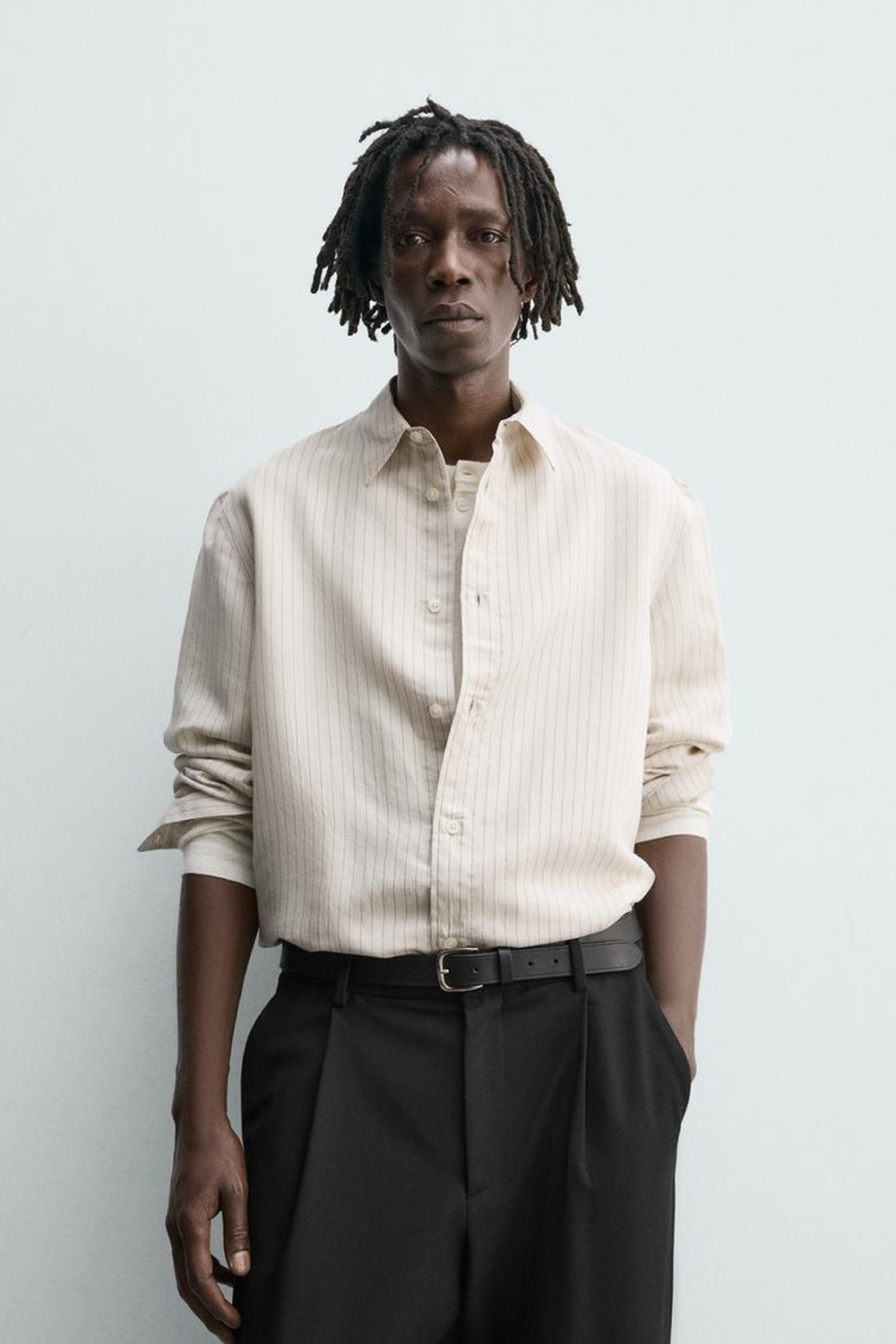 ZARА РУБАШКА СВОБОДНОГО КРОЯ В ПОЛОСКУ, ЭКРЮ/ЧЕРНЫЙ