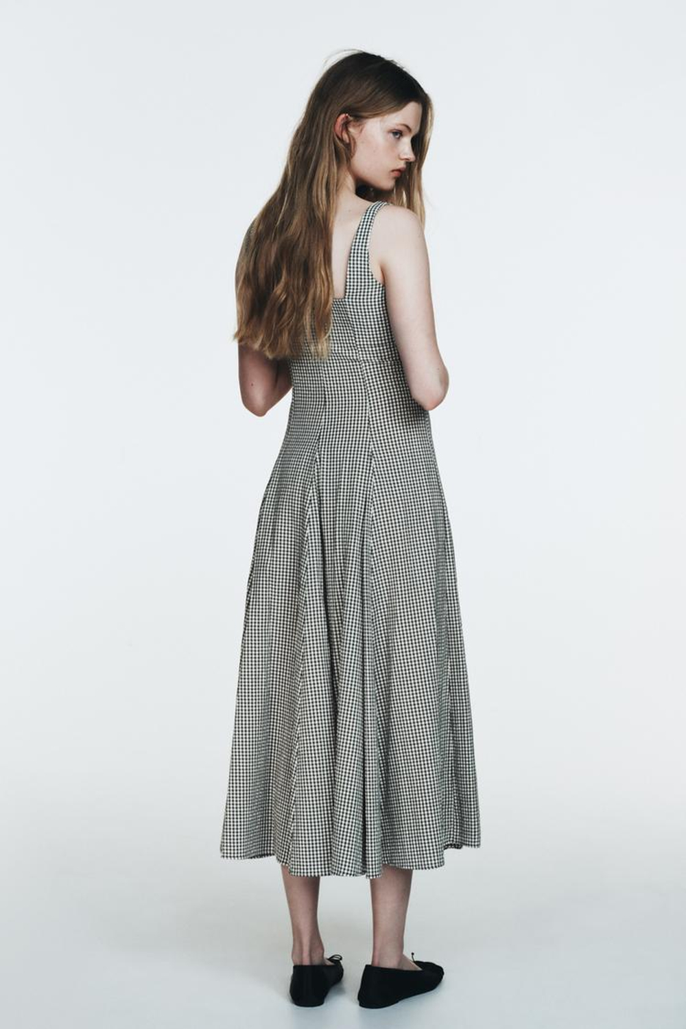 ZARA ПЛАТЬЕ МИДИ В КЛЕТКУ ВИШИ, БЕЛЫЙ/ЗЕЛЕНЫЙ