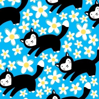 Котики и цветы на голубом фоне (детский фон)