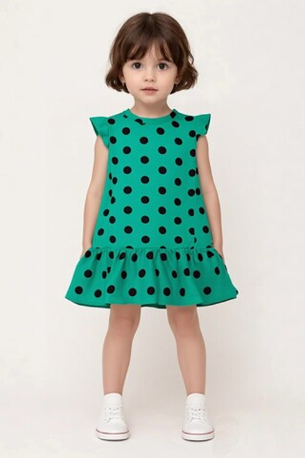 105661 Платье детское с оборкой, рукав крылышко кулирка черный горох на изумруде (56-98/104)
