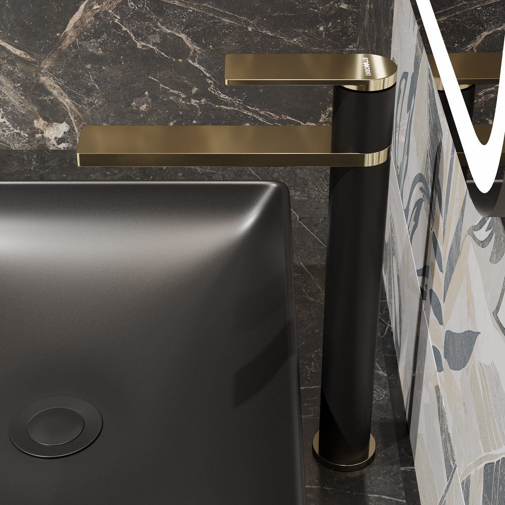 Смеситель для раковины STWORKI Олланд S01020BG матовый черный, глянцевое золото