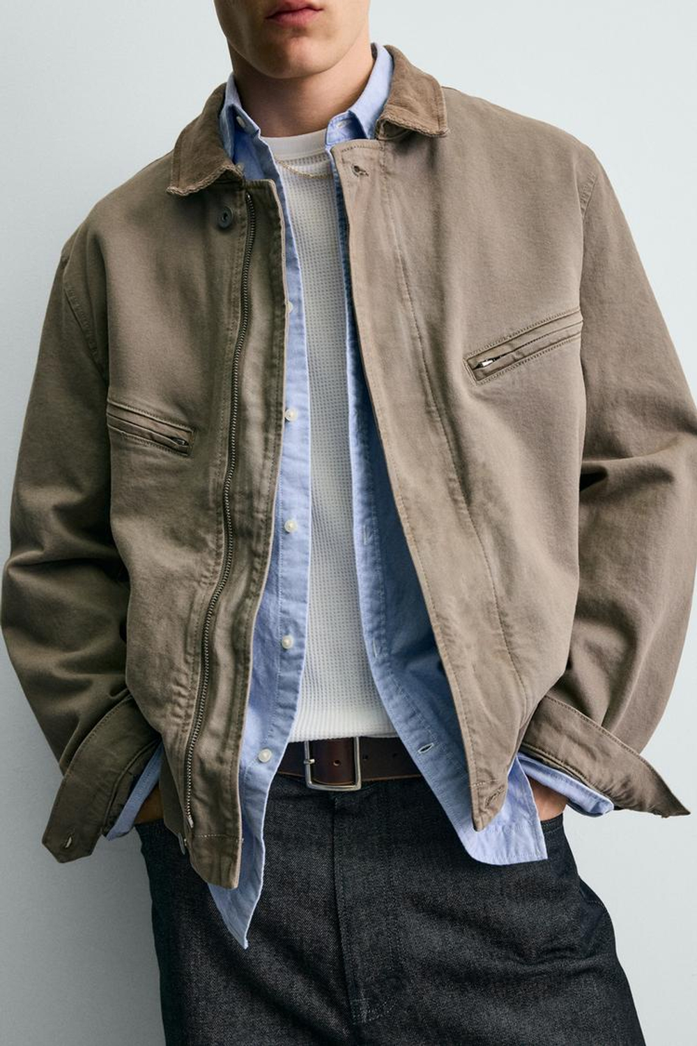 ZARA УКОРОЧЕННАЯ КУРТКА С ВЕЛЬВЕТОВЫМ ВОРОТНИКОМ, ХАКИ