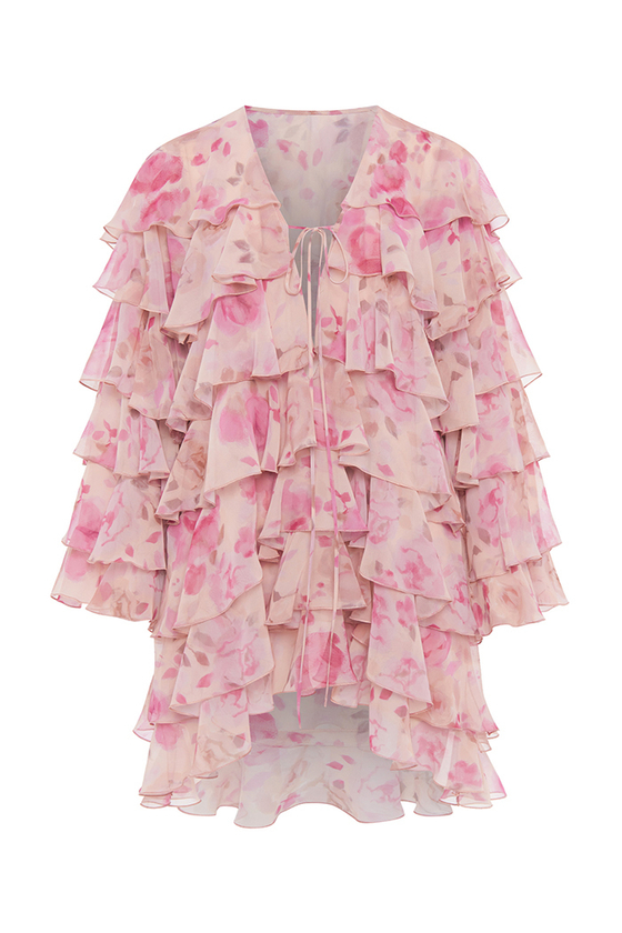 Платье мини из шифона с принтом и воланами
