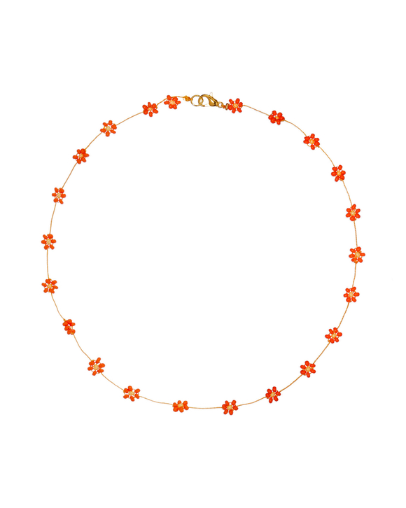 Колье- бисер, оранжевые цветы на нитке