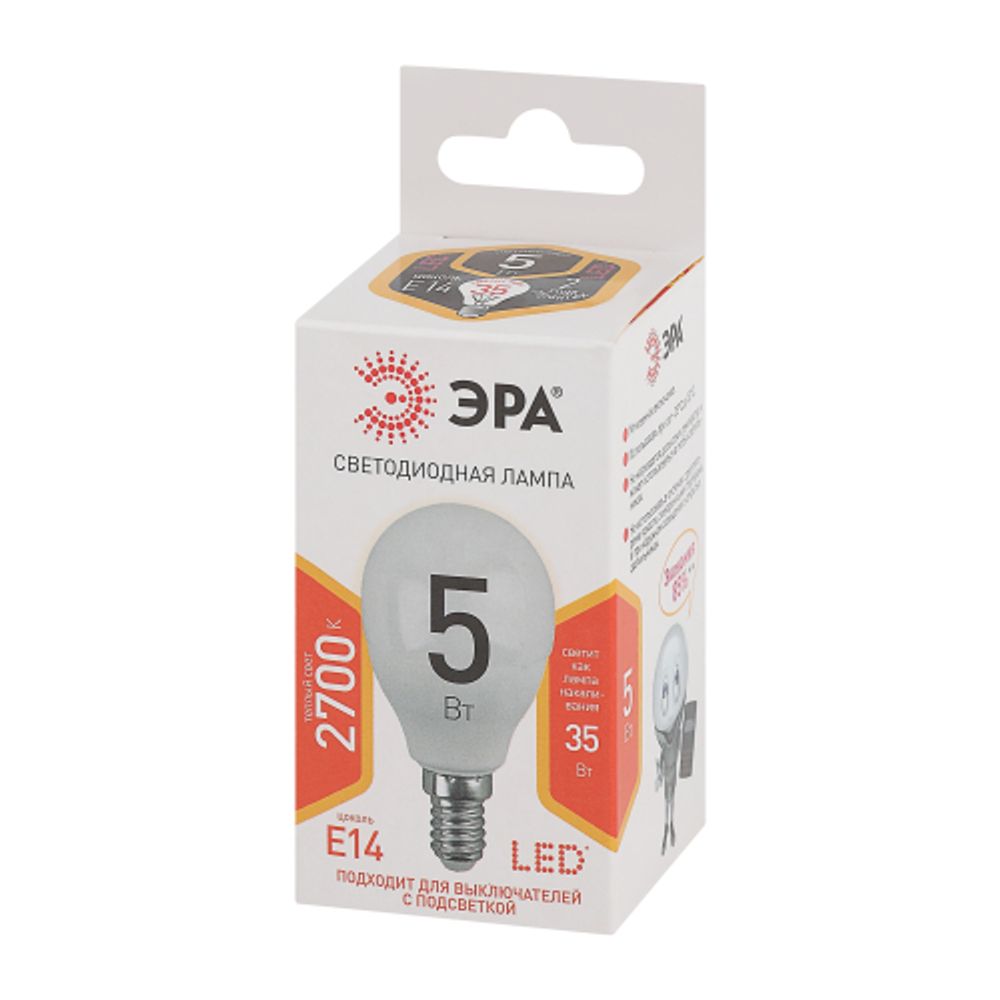 Лампочка светодиодная ЭРА STD LED P45-5W-827-E14 E14 / Е14 5Вт шар теплый белый свет | Лампы cветодиодные Шар (G/P)