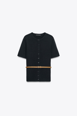 ZARA ВЯЗАНЫЙ КАРДИГАН С КОРОТКИМИ РУКАВАМИ И ПОЯСОМ, МОРСКОЙ СИНИЙ