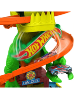 Hot Wheels JBM73 Ти-Рекс Пылающая битва, игровой набор с динозавром и машинками, трасса для трюков, оригинал Mattel