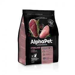 Alphapet superpremium сухой полнорационный корм для взрослых стерилизованных кошек и котов с уткой и индейкой - 400 г