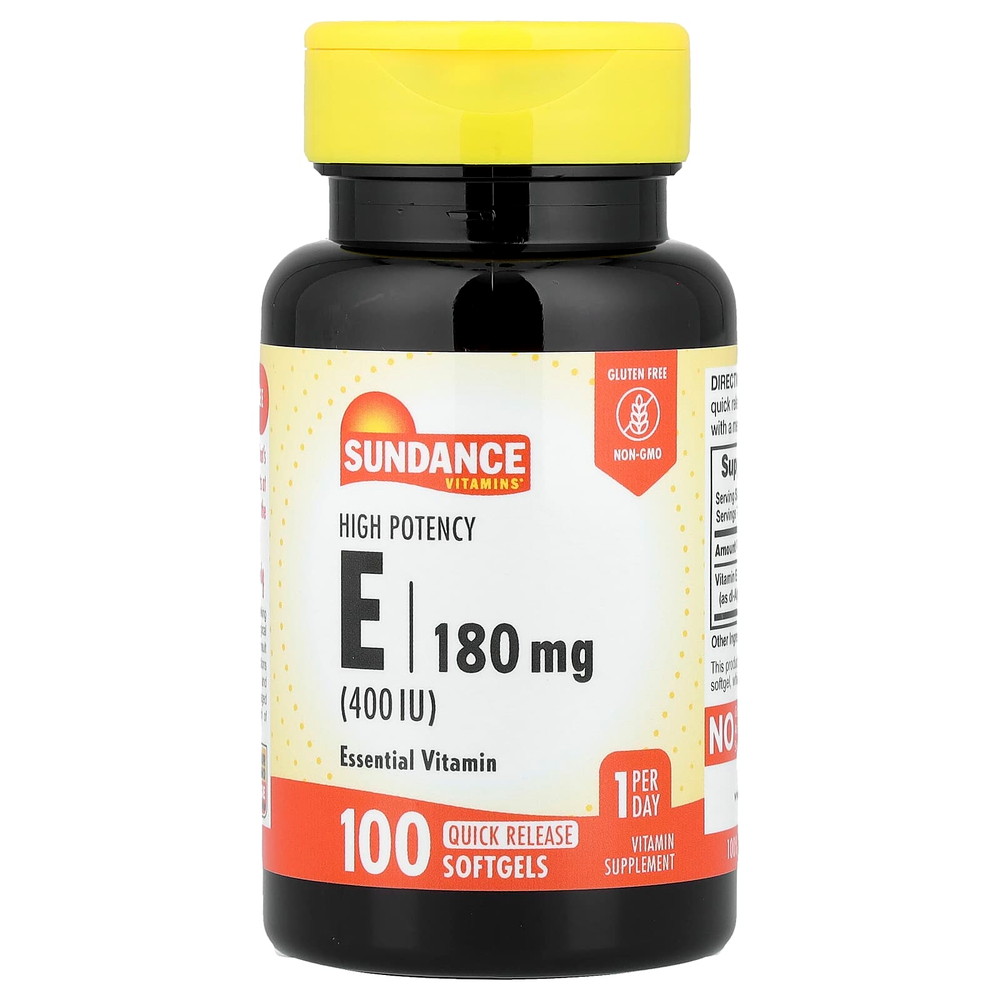 Sundance Vitamins, Витамин E, высокая эффективность, 180 мг (400 МЕ), 100 капсул быстрого высвобождения