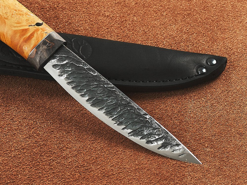 Якутский нож "Амга", сталь Х12МФ, рукоять желтая стабилизированная карельская береза / акрил черный жемчуг