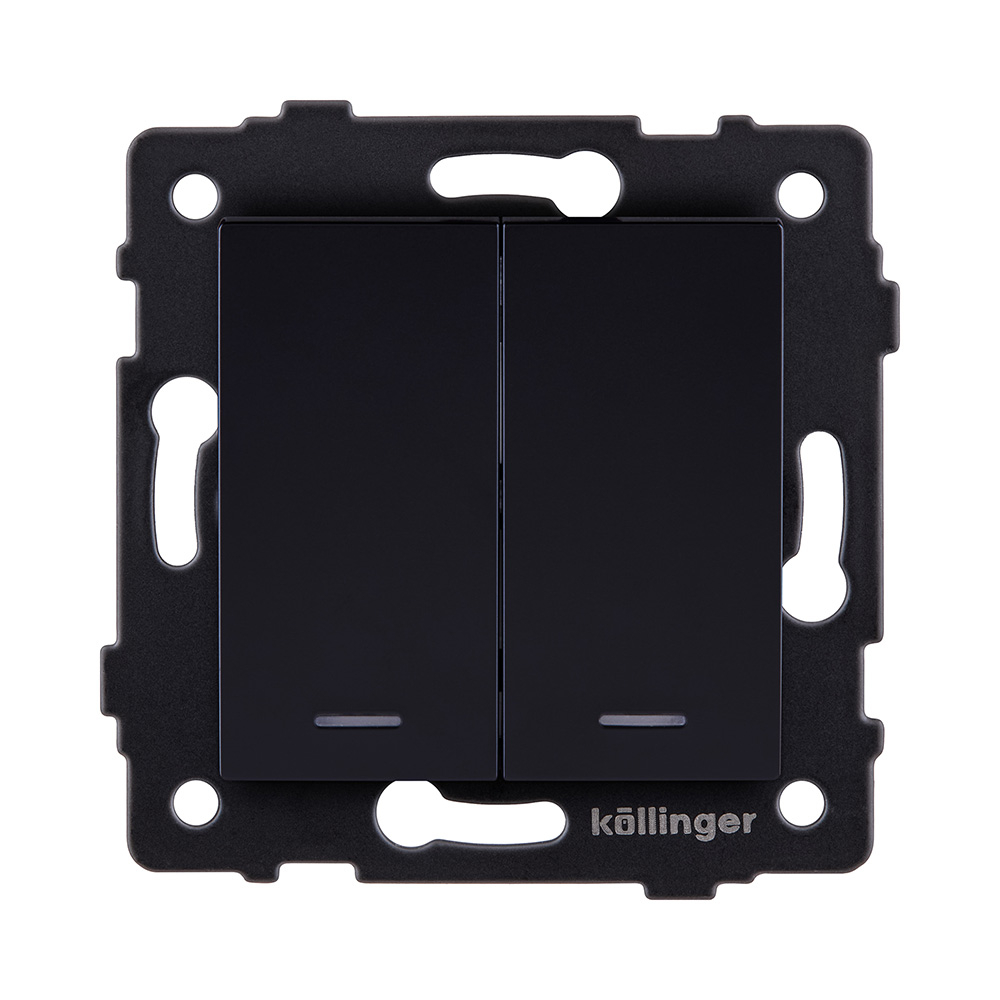 Выключатель кнопочный 2-клавишный 10А/250В с LED подсветкой, черный Kollinger REA-S-014BK для Aspekt, Eleganz, Reflex