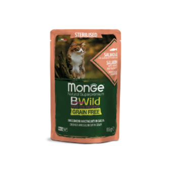Влажный корм Monge Cat BWild GRAIN FREE для стерилизованных кошек, беззерновой, из лосося с креветками и овощами, паучи 85 гр - 24 шт