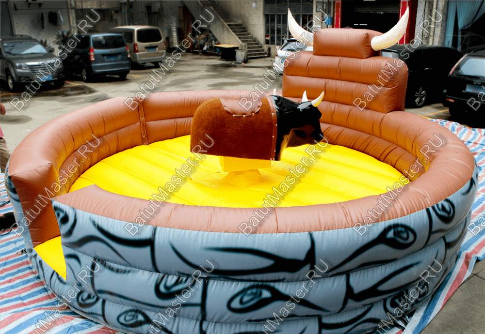 Надувной аттракцион Родео, бык+батут, черный с имитацией под кожу