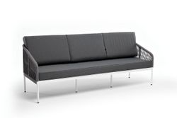 "Канны" диван 3-местный плетеный из роупа, каркас алюминий белый муар, роуп светло-серый круглый, ткань серая 017