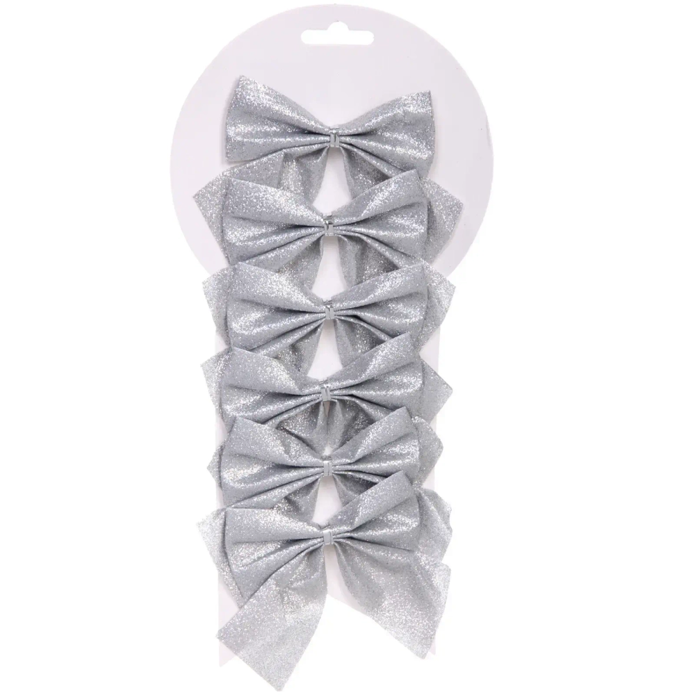 Бант на ёлку «Зимнее очарование» 8,5*9 см (набор 6 шт), Серебро