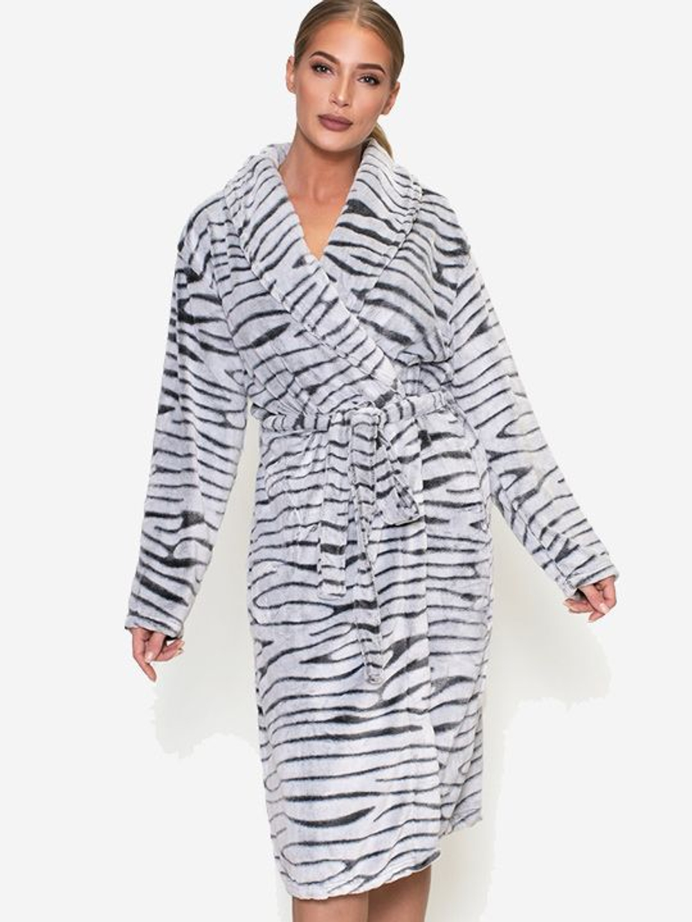 Теплый халат на запахе с принтом (Размер: XXXL) (Цвет: серый)