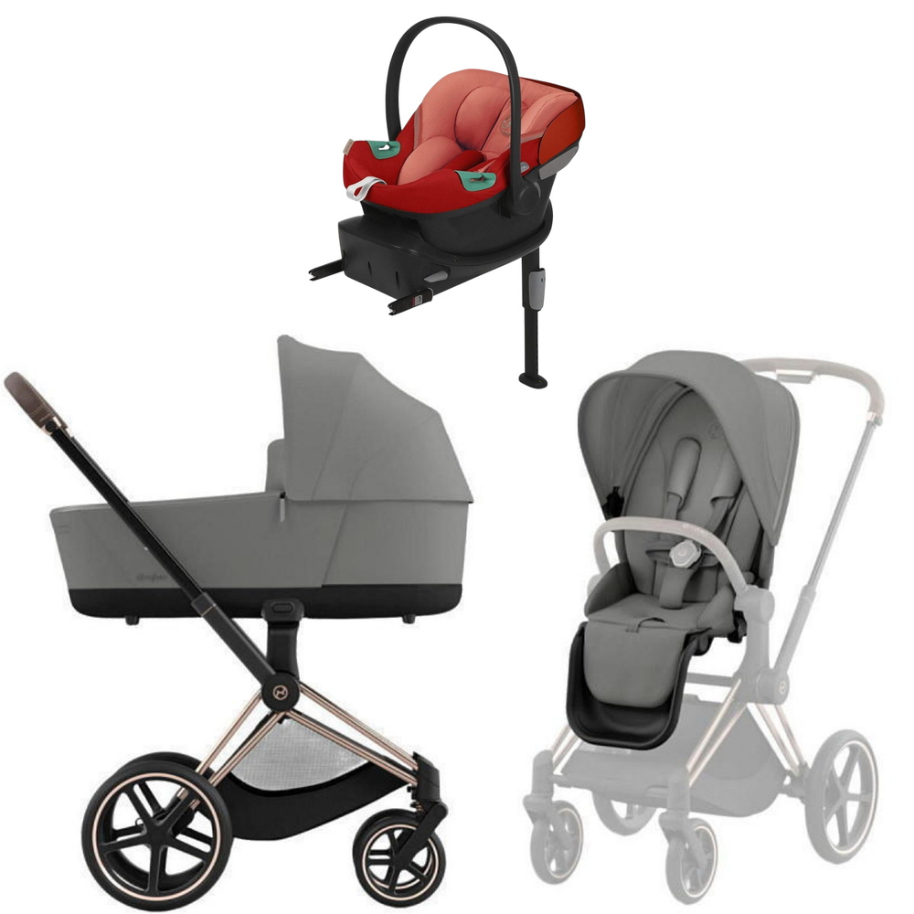 Коляска Cybex Priam IV Rosegold complete Aton S2 Hibiscus Red Base One 4 в 1 Mirage Grey