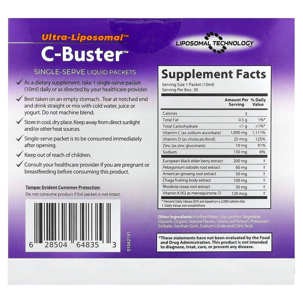 Aurora Nutrascience, Ultra-Liposomal ™, C-Buster ™, 30 пакетиков по 10 мл (0,34 жидк. Унции)