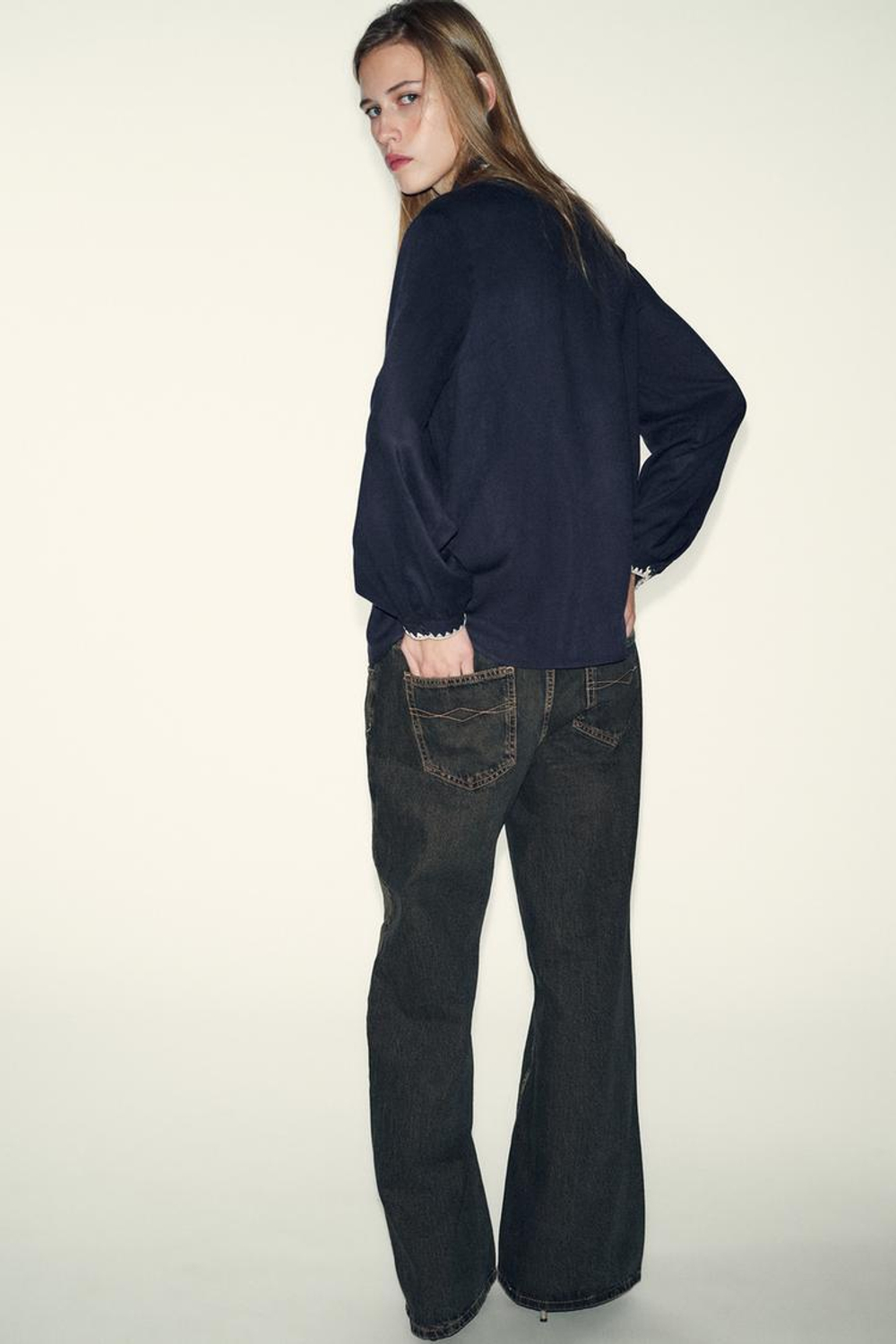 ZARA БЛУЗА С БАНТОМ, СИНИЙ