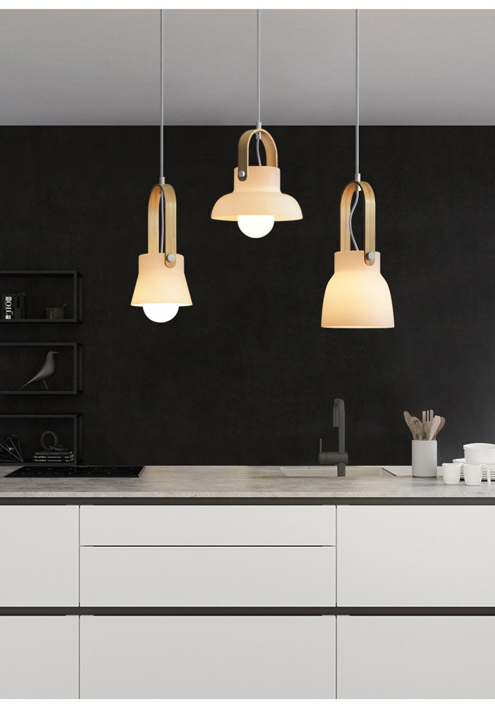 Pendant design lamp made of glass with a wooden rim