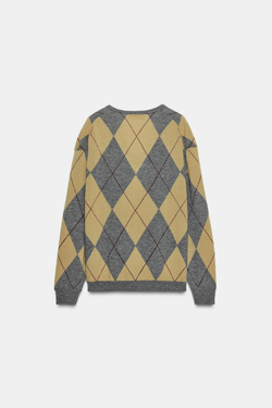 ZARA СВИТЕР ИЗ 100% ШЕРСТИ С УЗОРОМ «РОМБЫ», ЗЕЛЕНЫЙ/СЕРЫЙ