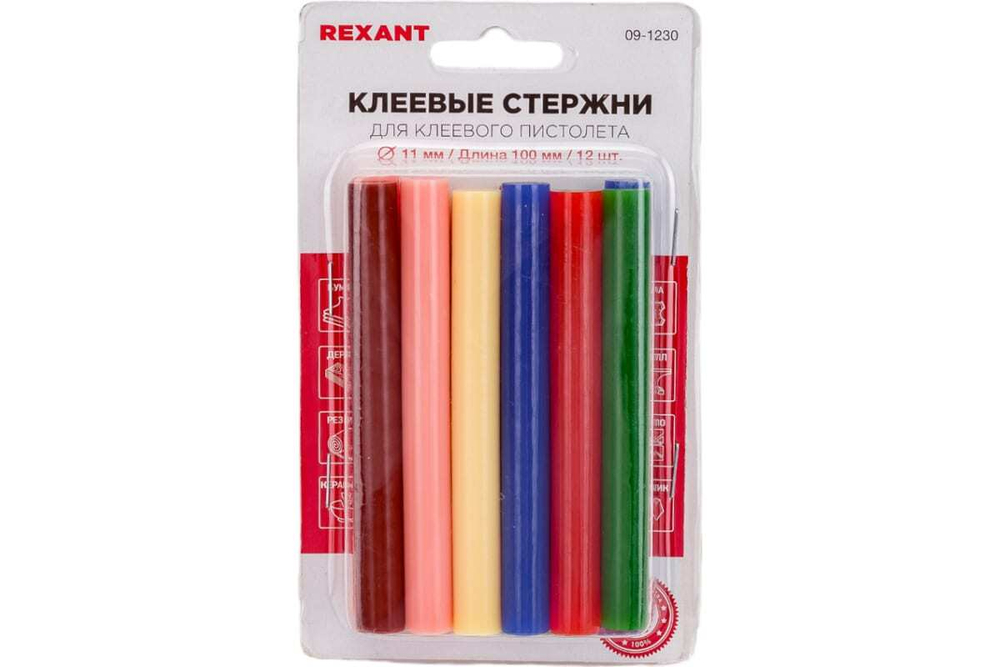 Клеевые стержни d=11,3 мм, L=100 мм, цветные, 12 шт. блистер Rexant 09-1230