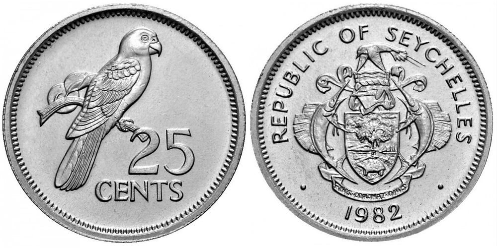 Сейшелы 25 центов, 1982-1992 Попугай XF
