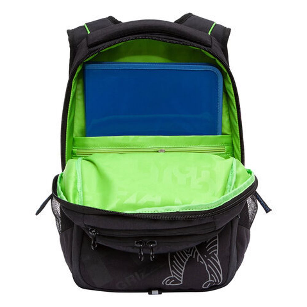 Рюкзак GRIZZLY школьный, анатомическая спинка, 3 отделения, для мальчиков, черно-салатовый, 42х31х22 см, RU-238-2/1